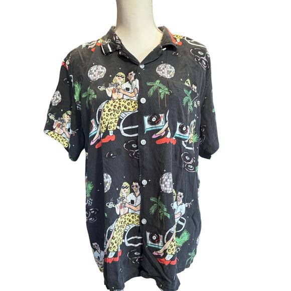 MENS BLACK SHORT SLEEVE CASUAL BUTTON UP DURVIN DISCO PARTY TRUE ROMANCE MOVIE - Picture 1 of 5